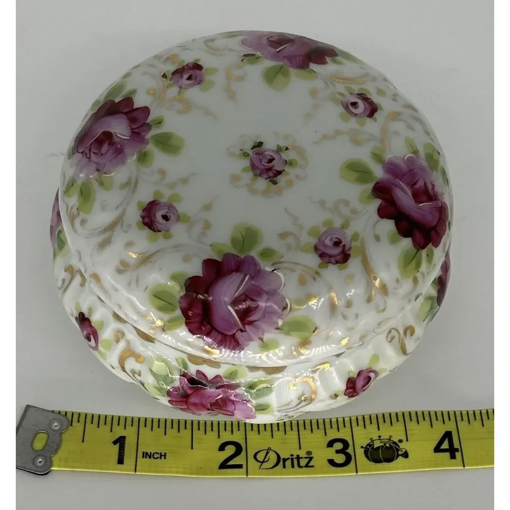 Vintage 1930's Hand Painted Floral & Gold Gild China Round Trinket Dish With Lid
